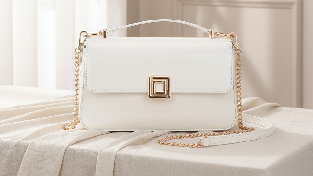 White handbag with gold chain strap on a light-colored surface